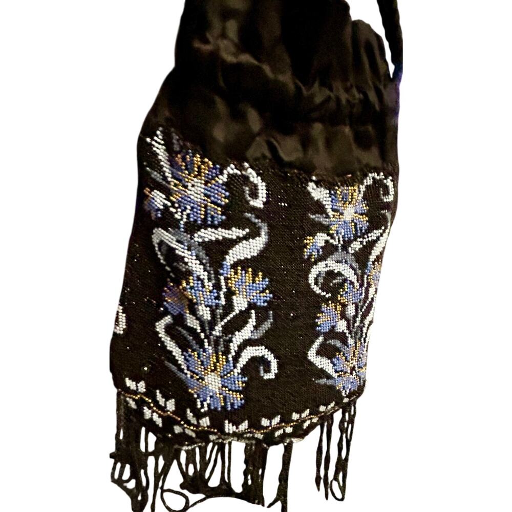 Antique Beaded Purse c1930 Black with Blue and Yellow Floral Read Description